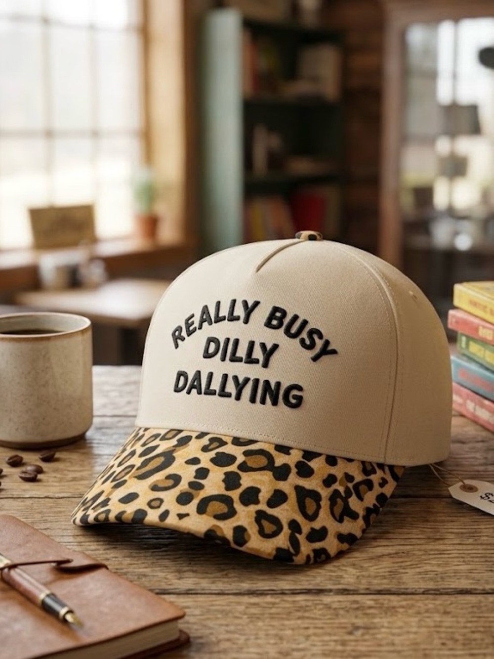 Kids Beige Cap with Leopard Brim - Really Busy Dilly Dallying